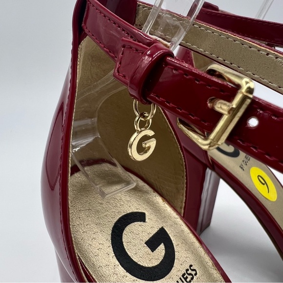 G by Guess Red Block Heel Sandals Size 9 Peep Toe Ankle Strap Patent - Picture 10 of 13